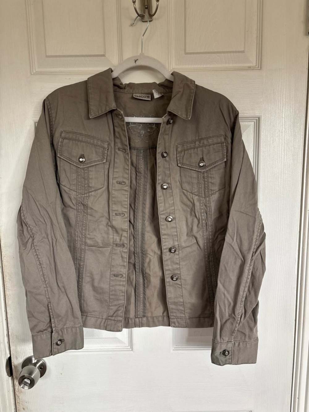 Bedazzled Chico's Lightweight Shirt Jacket in Taupe